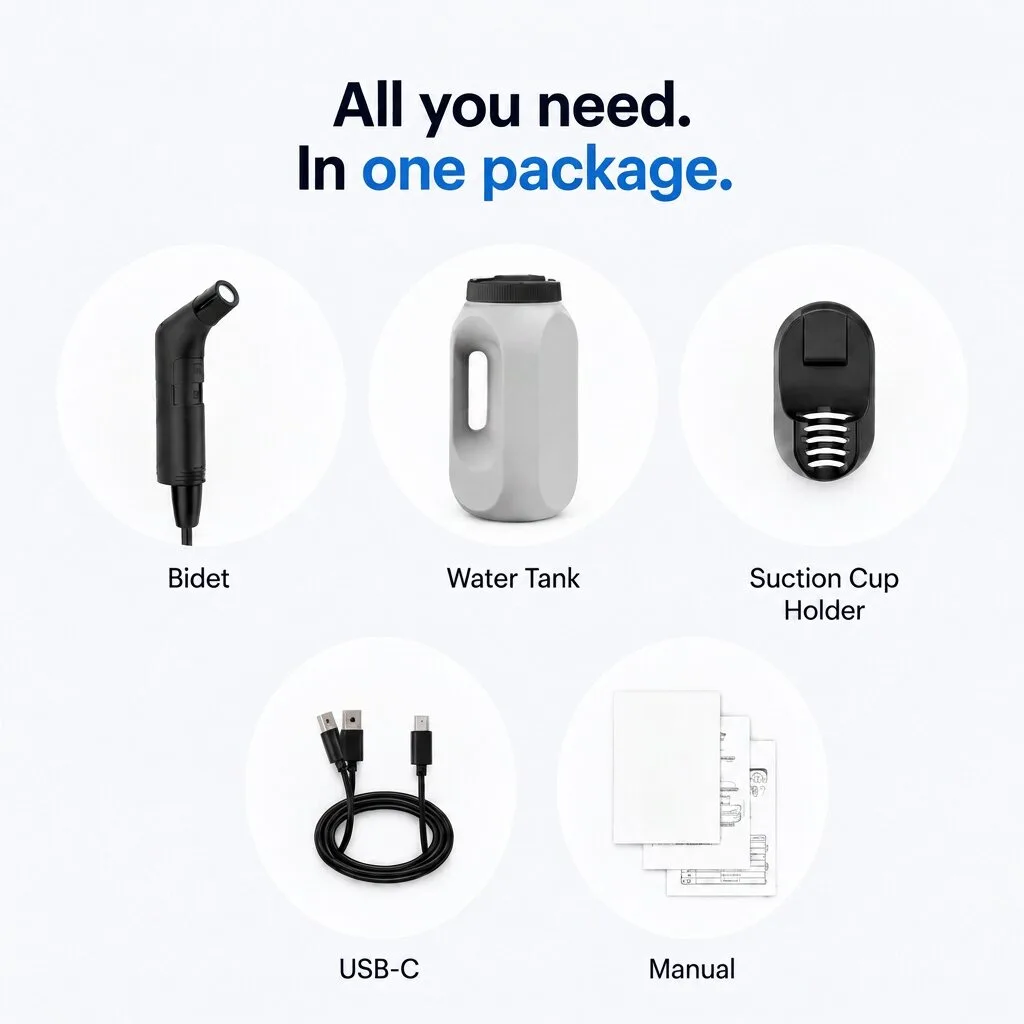 Everything included: wand, tank, holder, USB-C cable and manual