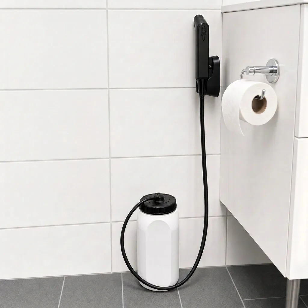 AquaRinse mounted beside a toilet with the tank on the floor